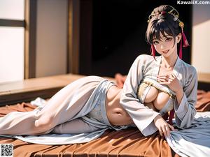A woman in a kimono laying on a bed.